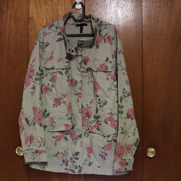 Lane Bryant Jackets & Blazers - Lane Bryant Army Green Coat – Rose Pattern, Zip & Button Front